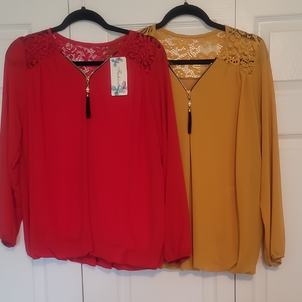 Chic Lace Detail Women's Blouses - Red and Yellow